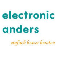 Logo mit dem Text: "electronic anders, einfach besser beraten" in Türkis und Orange.