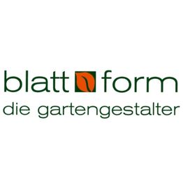 Logo mit Text "blatt form die gartengestalter", grünes Blatt in orangefarbenem Quadrat.