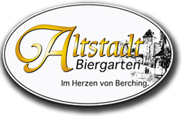 Altstadt Biergarten Logo mit Text: "Im Herzen von Berching" und Skizze einer Altstadt.