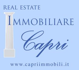 Logo di un'agenzia immobiliare, "Immobiliare Capri", con link www.capriimmobili.it. Sfondo blu chiaro.