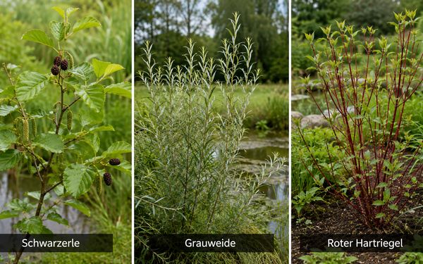 Schwarzerle, Grauweide, Roter Hartriegel