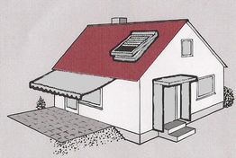 Einfache Zeichnung eines Hauses mit rotem Dach, Markise und Dachfenster.