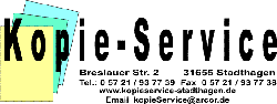 Logo des Kopie-Service Stadthagen, Adresse und Kontaktdaten auf gelben und blauen Blättern.