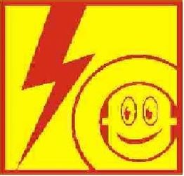Gelbes Quadrat mit rotem Blitz und Smiley-Gesicht.