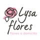 Logo de "Lysa Flores" con dibujo de rosa y lema "flores a domicilio" en texto rosa.