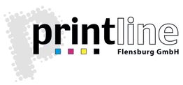 Logo von Printline Flensburg GmbH mit bunten Quadraten und gepunktetem "P" im Hintergrund.