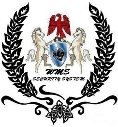 Emblema com águia vermelha, cavalos, escudo azul e folhas pretas. Texto: "WMS Security System".