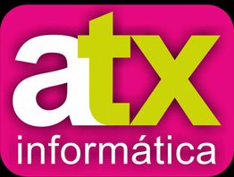 Logo de "atx informática" en fondo rosa, con letras blancas y verdes.