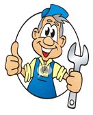 Zeichnung eines lächelnden Handwerkers mit Latzhose, Daumen hoch und Schraubenschlüssel.