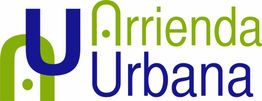 Logo con las palabras "Arrienda Urbana" en azul y verde, con diseño estilizado al fondo.