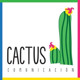 Logo de Cactus Comunicación: dos cactus con flores, borde de colores vivos.