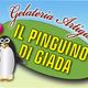 Pinguino con gelato e scritta "Gelateria Artigianale Il Pinguino di Giada" su sfondo colorato.