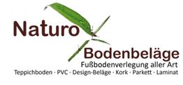 Naturo Bodenbeläge Logo mit Bambus. Text: Fußbodenverlegung, Teppich, PVC, Kork, Parkett, Laminat.