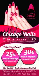 Werbung für "Chicago Nails" mit Angeboten für Neumodellage und Öffnungszeiten.
