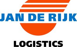 Logo van Jan de Rijk Logistics met blauwe tekst op een oranje achtergrond.