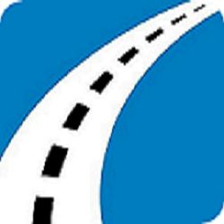 Icona di una strada con sfondo blu e striscia bianca centrale tratteggiata.