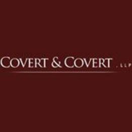 Logo with text "Covert & Covert, LLP" on a dark red background.