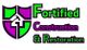 Purple and green shield logo with a hammer, reading "Fortified Construction & Restoration."