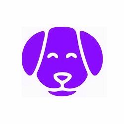 Purple cartoon dog's face with a happy expression on a white background.