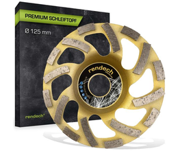 Goldene Schleifscheibe vor schwarzer Box mit Text "PREMIUM SCHLEIFTOPF Ø 125 mm".