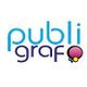 Logo con texto "publigraf" en azul y púrpura con un globo de diálogo en varios colores.