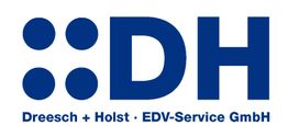 Blaues Logo mit "DH" und Text: Dreesch + Holst · EDV-Service GmbH.