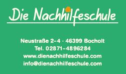 Grünes Logo der Nachhilfeschule mit Adresse, Telefonnummer und Website-Informationen.