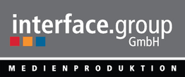 Logo der interface.group GmbH auf grauem Hintergrund, Text "MEDIENPRODUKTION" unten.