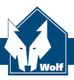 Blaues geometrisches Wolf-Logo mit stilisiertem Wolfskopf und dem Wort "Wolf" darunter.