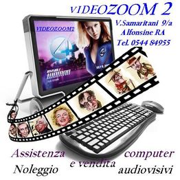 Schermo con immagine, tastiera, pellicola cinematografica e testo di contatto per Videozoom 2.