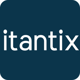 Blaues Logo mit weißem Schriftzug "itantix".
