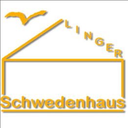 Logo des Schwedenhaus Linger in Gelb, geformt wie ein Haus mit Vogel-Silhouette darüber.