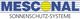 Logo von "Mesconal" mit gelber Sonne im "O". Text: "Sonnenschutz-Systeme". Blau-weißer Hintergrund.