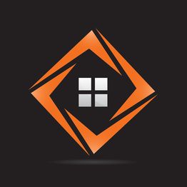 Orange geometric design with a white window icon centered on a dark background.