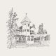 Sketch of a house with a tower, surrounded by trees.