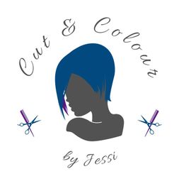 Silhouette mit blauem Haar, Scheren und Text: "Cut & Colour by Jessi" im Kreis.