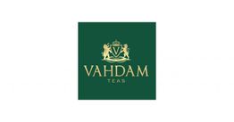 Vahdam Teas logo with gold crest and green background.