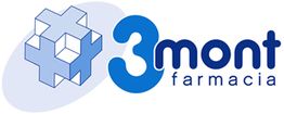 Logotipo de una farmacia con cruz geométrica y texto "3mont".