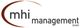 Logo mit Text "mhi management GmbH", Halbbogen in Rotbraun links des "m".