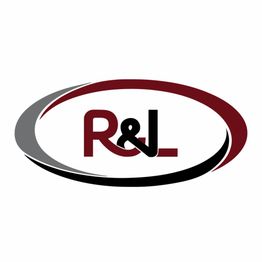 Logo with "R & L" in red and black, inside a swirling oval shape design.