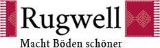 Logo mit Schriftzug "Rugwell" und Slogan "Macht Böden schöner", flankiert von roten Mustern.