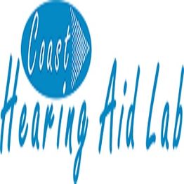 Logo of "Coast Hearing Aid Lab" in blue text with wave design.