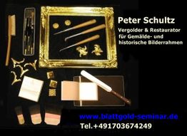 Werkzeuge und Materialien für Vergoldung und Restaurierung, mit Kontaktinfo von Peter Schultz.