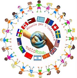 Bambini di varie nazioni si tengono per mano attorno a bandiere e simboli di unione e pace.