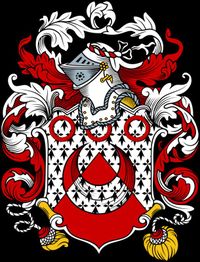 Wappen mit Helm, roten und weißen Verzierungen und geometrischen Formen auf schwarzem Hintergrund.