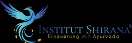 Blaues Vogel-Logo mit Text: "Institut Shirana - Erneuerung mit Ayurveda" auf schwarzem Hintergrund.