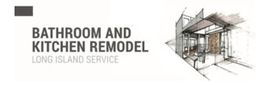 Bathroom and kitchen remodel ad with architectural sketch, Long Island service.