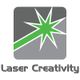 Logo mit grünem Laserstrahl und Schriftzug "Laser Creativity" auf grauem Hintergrund.