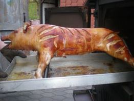 Spanferkel auf einem Blech in einem Ofen, gut gebräunt mit eingeschnittenen Mustern.