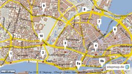 Stadtplan von Hamburg mit Straßen und Nummern in Gelb hervorgehoben.